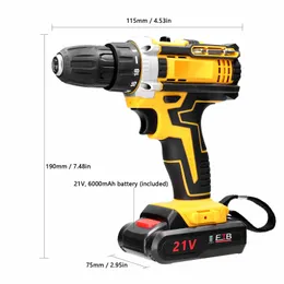 Boormachine 21V Cordless Electric Screwdriver Electric Drill Brush Motor 2 Speeds Adjustment 18 Gears of Torque Holes Drilling Machine