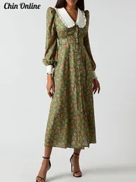 Grundläggande avslappnade klänningar Casual Floral Printed Women Dress Vintage Doll Collar Lantern Sleeve Kvinnliga långa klänningar Spring Chic Office Lady Vestidos 230621