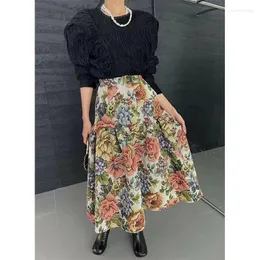 Saias KUSAHIKI Korea Jacquard Patchwork Feminino Outono Inverno Cintura Alta Vintage Floral A-line Moda Saia Faldas De Mujer 2023