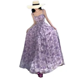 Women's purple flower print chiffon spaghetti strap slim waist maxi long beach dress SMLXL