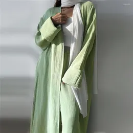 Ropa étnica Kimono de una pieza Cardigan Mujer Musulmana Maxi Vestido Dubai Turquía Abaya abierta Eid Ramadan Islam Robe Vestido de fiesta Cinturón Jalabiya