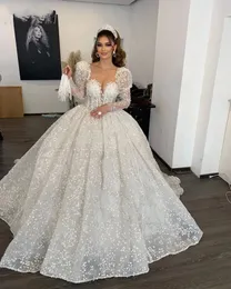 3D Floral Wedding Dresses Long Sleeves Applique Sheer Neck Arabic Bridal Gowns For Women Princess Vestido De Noiva