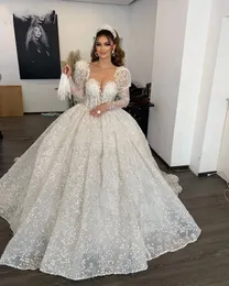 3d Blumenhochzeitskleider lange Ärmel Applique bloße Nacken arabische Brautkleider für Frauen Prinzessin Vestido de Noiva