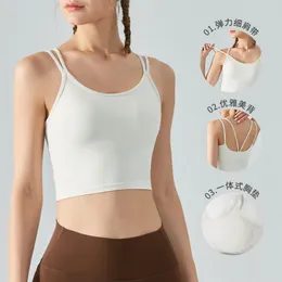 Dubbel spaghetti remsport Underkläder ett stycke Fixat bröstkudde Yoga Beauty Back Bra High Elastic Camisole Workout Clothes