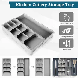 Storage Drawers Kitchen Cutlery Box Plastic Tray Utensils Drawer Organizer Knife Holder Tableware Fork Spoon Divider Container 230625