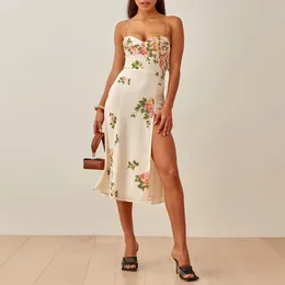 Pele boho vestidos de praia para as mulheres 2021 cinta espaguete floral vestido de verão querida pescoço sem mangas sexy alta fenda festa midi vestido