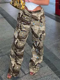 Calça reta casual cintura alta com estampa de camuflagem chique feminina street bolsos grandes com cordão calças cargo soltas