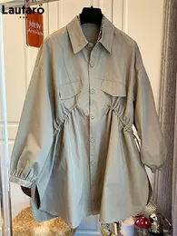 Blends Lautaro Frühling Herbst Übergroße Khaki Hemd Trenchcoat für Frauen Kordelzug Runway Designer Casual Lose Mode 2022 Einheitsgröße