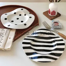 Dishes Plates 8inch Nordic Ceramic Plate Dot Stripe Irregular Wave Shape Ceramic Dessert Plate Pasta Plate Dinner Plates Ceramic Dish Plates J230626