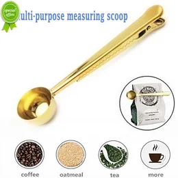 New 2 In 1 Long Handle Stainless Steel Coffee Spoon Sealing Clip Espresso Coffee Beans Powder Measuring Scoop Multifunction Tool