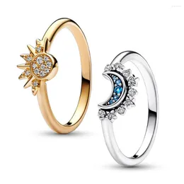 Anelli a grappolo Summer Celestial Blue Sparkling Moon And Sun Ring per le donne Cocktail impilabile Finger Band Fashion Argento 925 Fine Jewellry