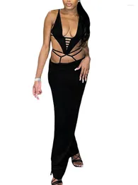 Robes décontractées MAHUAOYIXI robe courte femmes élégantes moulantes été profond col en V creux Corset Sexy