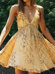 Lässige Kleider Sexy tiefer V-Ausschnitt ärmelloses Minikleid für Frauen Boho Strand Gelber Blumendruck Sommerspiel rückenfreie Robe