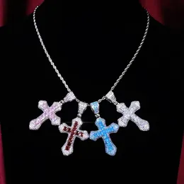 Pendant Necklaces Blue Pink Purple Colorful Fashion Cz Cross Pendant Necklace Iced Out Bling 5A Cubic Zircon Full Paved HipHop Men Women Jewelry 230626