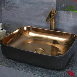 Rektangulär Europa Style Chinese Washcasin Sink Jingdezhen Art Counter Top Gold With Black Ceramic Wash Basin Badrum Sinkgood Qty BCJRQ