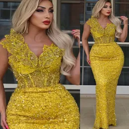 2023 Aso Ebi Sheath Yellow Prom Dress Beaded Sequined Lace Evening Formal Party Second Reception Birthday Bridesmaid Engagement Gowns Dresses Robe De Soiree ZJ633