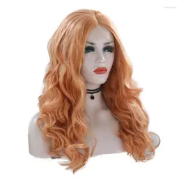 الباروكات الاصطناعية RONGDUOYI برتقالي اللون شعر طويل الجسم موجة الدانتيل الجبهة للنساء تأثيري جزء شعر مستعار الوردي الألياف مقاومة للحرارة