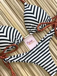 Kvinnors badkläder ruotongsept 2022 randig bikini set knutna baddräkt kvinnor biquinis strand sexig thong badkläder bandage brasilian mirco bikinis j230506