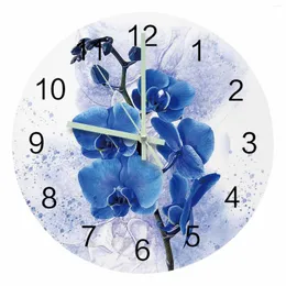 Wall Clocks Watercolor Blue Flower Phalaenopsis Luminous Pointer Clock Home Ornaments Round Silent Living Room Office Decor