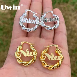 Dangle Chandelier UWIN Custom Name Hoop Earrings Stainless Steel Twist Circle Ear Hoops for Women Girls Fashion Jewelry for Gift 230626