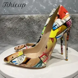 ブーツTikicup Picture Print Women Parisety Toe Sexy High Heel Shoes Afrian Ladies Floral Slip on Stiletto Pumps 8cm 10cm 12cm 12cm