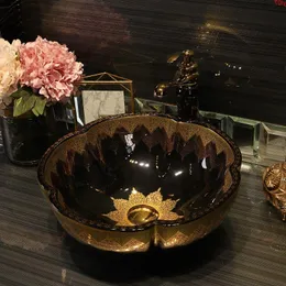 Flower shape China Artistic Porcelain Handmade Lavabo Bathroom Vessel Sinks ceramic wash basin counter blackgood qty Rndow