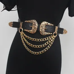 Belly Chains Belly Chains Double Vintage Curving Metal Buckles PU Waist Belt For Women Multi-layer Chain Elástico Designer Espartilho Vestido Cintura 230626