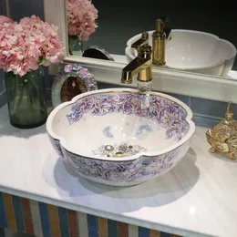 Lavatório de porcelana de bancada de vestiário chinês, pias de banheiro, pias de bancada de arte em cerâmica Tjsjp