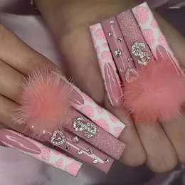 Fałszywe paznokcie różowe cukierki Ball Ball Ballerina Ballerina Długie prasa na plastrze Serce kształt Fałszywe zestawy