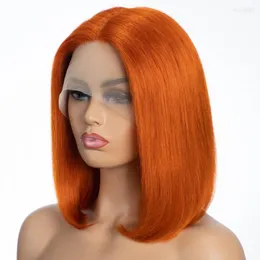 매끄러운 밥 머리 가발 생강 오렌지 인간의 가발 여자 컬러 레이스 레미 브라질 스트레이트 HD T 부품