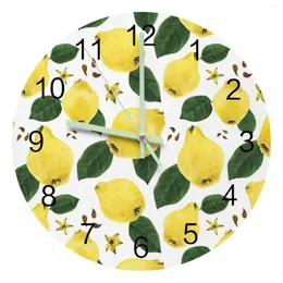 Wall Clocks Fruit Yellow Pear Green Leaf Luminous Pointer Clock Home Ornaments Round Silent Living Room Bedroom Office Decor