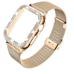 Cassa con diamanti + cinturino in metallo per iWatch Band 38mm 42mm Bracciale in acciaio inossidabile per Apple Watch 7 45mm 44mm 40mm 41mm SE Series 6 5 4 Band
