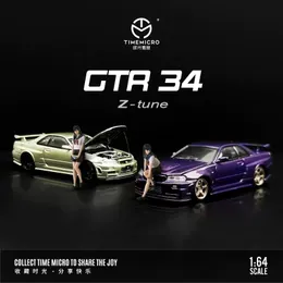 Diecast Model Car Time Micro 1 64 GTR R34スポーツカーDiecast Model Car Limited Edition Metal Chassis Acrylic Display Collection Ornaments 230625