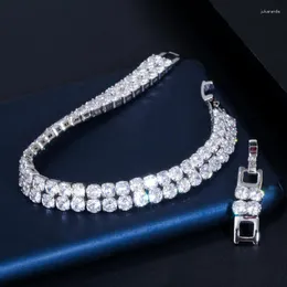 Braccialetti di collegamento ThreeGraces Sparkling Cubic Zirconia Silver Color 2 Row Round CZ Bracciale tennis per le donne Fashion Party Bigiotteria