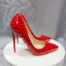 All Red Spikes Rivetti Studded Sexy Gradient High Heel Shoes 10Cm Dress Pumps Women Shoes Party Big Size 33-45