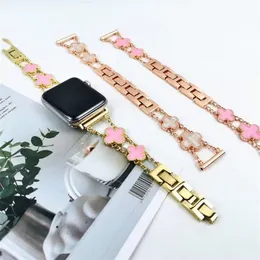 Bling Four-Leaf Clover Bands Luxury Rostfritt stålband för Apple Watch Band Ultra 49mm Band 40mm 44mm 41mm 45mm Ring Correa IWatch Series 8 7 SE 6 5 4 38mm 42mm Armband