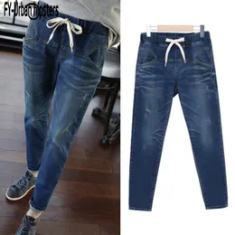 Jeans 2019 Korean Jeans Women Spliced High Waist Stretch Denim Pants Slim Pencil Plus Size Loose Lace Up Jeans Women Harem Pant Jeans