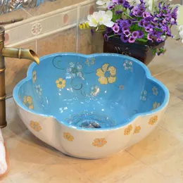 Lavabo de bancada de porcelana estilo primitivo feito à mão lavabo pia de banheiro padrão de flor Trutc