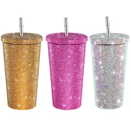 Бутылки с водой 750 мл Bling Diamond Thermos Cup Portable из нержавеющей стали с соломенной блестящей водой тепловой колба для женщин Gril 230625