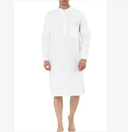 Roupas étnicas Árabe Homens Robe Na altura do joelho Simples Bolso Camisa Masculina Muçulmano Eid Mubarak Kaftan Kameez Thobe Oração Qamis Man