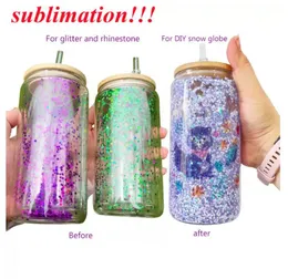 1 set 16oz Double Wall Sublimation Glass Tumblers Mugs Can Snow Globe Beer Drinking Glasses With Bamboo Lid And Reusable Straw custom gift JN26