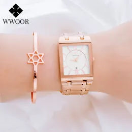 Relógios femininos de marca superior WWOOR ouro rosa de luxo relógios femininos quadrados elegantes relógios femininos relógios de pulso de quartzo para meninas Reloj Mujer 230626
