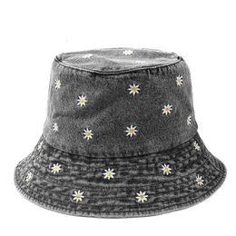 Stingy Brim Hats Spring Denim Cartoon Flower Brodery Bucket Hat Fisherman Hat Outdoor Travel Sun Cap for Girl and Women 158 230626