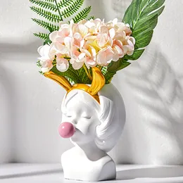 Vases White Resin Vase Flower Pot Nordic Style Cute Human Head Flower Vases Basket Pen Brushes Holder Home Decoration 230625