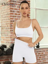 Women's Tracksuits CHRELISURE Women Sports Short Sets Seamless 2 Piece Outfit Fitness Gym Sportwear Ribbed Push Up Bra Shorts