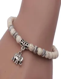 Mode Tibetischen Tibet Silber Elefanten Anhänger Weiß Türkis Perlen 6mm Elastische Armband Armreifen Für Frauen Pulseiras Boho Schmuck 9906706
