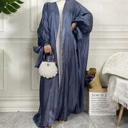 Vestuário étnico muçulmano cetim eid aberto abaya dubai manga bolha noite vestidos turcos kaftan para mulheres islâmica quimono femme musulmane