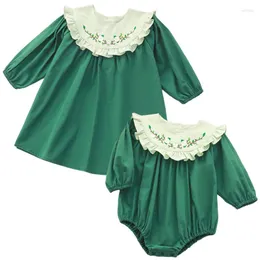 Girl Dresses 0-5 Yrs Born Baby Girls Sister Embroidery Green Dress Toddler Jumpsuit Clothes Infant Long Sleeve Ruffles