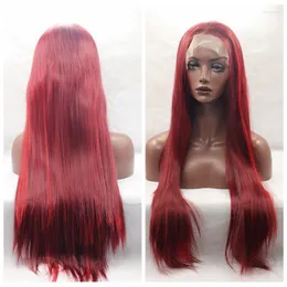 Parrucche sintetiche stile vino rosso capelli lunghi lisci resistenti al calore anteriore in pizzo cosplay bordeaux per donne nere 26 pollici Kend22