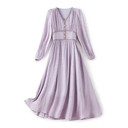 2023 Summer Purplesolid Color Dress Long Sleeve V-Neck Midi Casual Dresses W3L042103